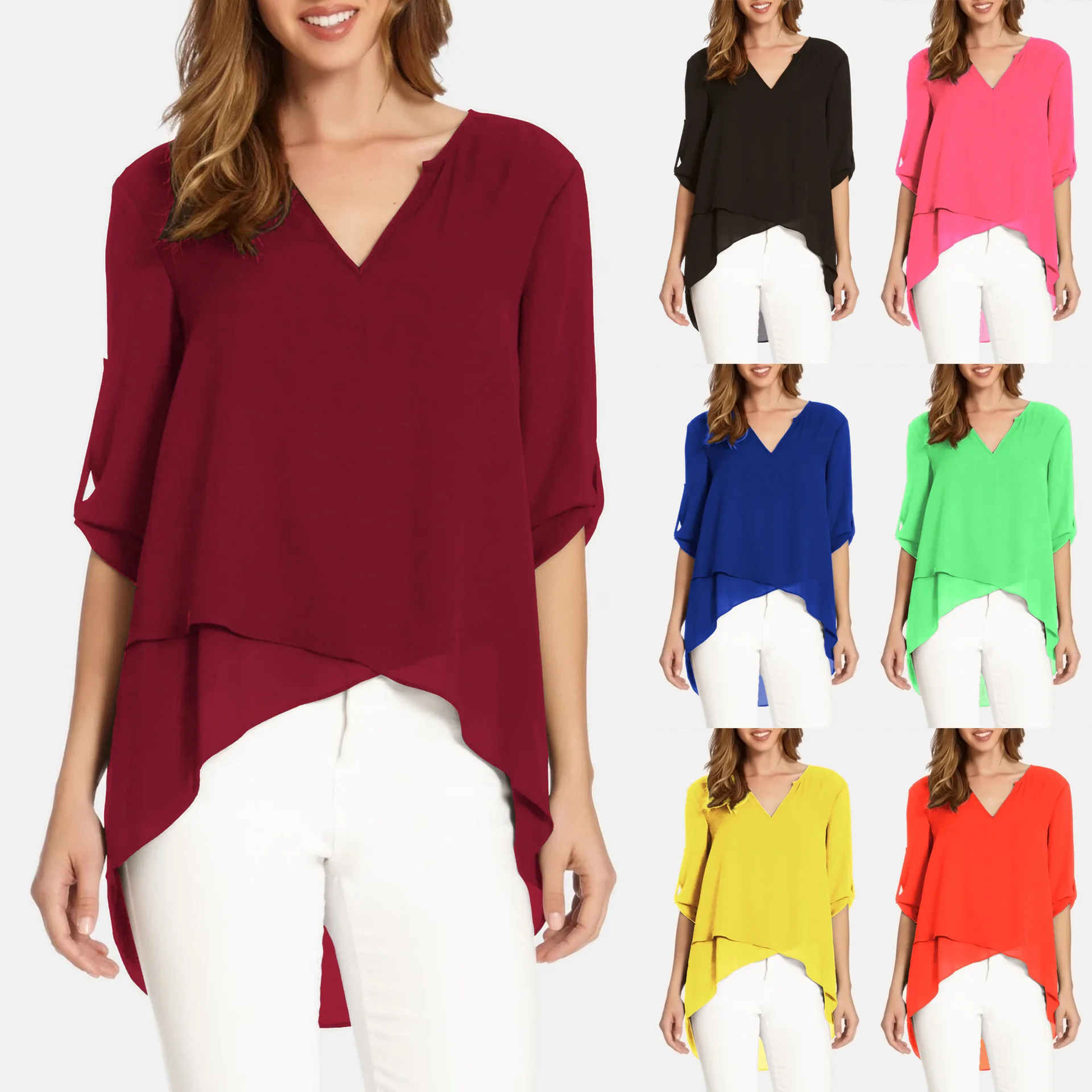 Women's autumn new V-neck seven-point sleeves can be sleeved irregular loose chiffon shirt 7 colors 8 yards
Women's autumn new V-neck seven-point sleeves can be sleeved irregular loose chiffon shirt 7 colors 8 yards