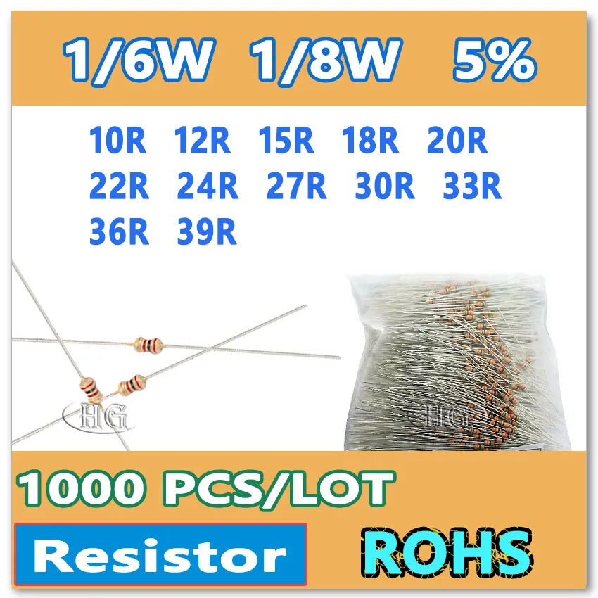 JASNPROSMA 1000PCS/LOT 5% 1/6W 1/8W 10ohm 12ohm 15ohm 18ohm 20ohm 22ohm 24ohm 27ohm 30ohm 33 36R 39R carbon film DIP Resistor
JASNPROSMA 1000PCS/LOT 5% 1/6W 1/8W 10ohm 12ohm 15ohm 18ohm 20ohm 22ohm 24ohm 27ohm 30ohm 33 36R 39R carbon film DIP Resistor