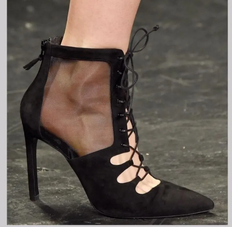 Black Suede Leather Women Short Mesh Boots Cut Out Pointy Toe Sandals Boots Lace Up Ankle Boots High Heels Shoes Ladies Botas
Black Suede Leather Women Short Mesh Boots Cut Out Pointy Toe Sandals Boots Lace Up Ankle Boots High Heels Shoes Ladies Botas