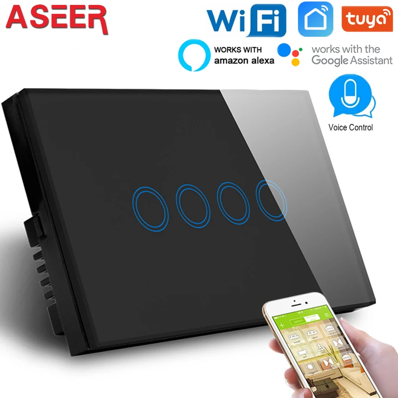 ASEER Smart Life Tuya 4 Gang Wifi light switch,AU/US Wireless Intelligence Wall Switches compatible Alexa & Google Assistant
ASEER Smart Life Tuya 4 Gang Wifi light switch,AU/US Wireless Intelligence Wall Switches compatible Alexa & Google Assistant