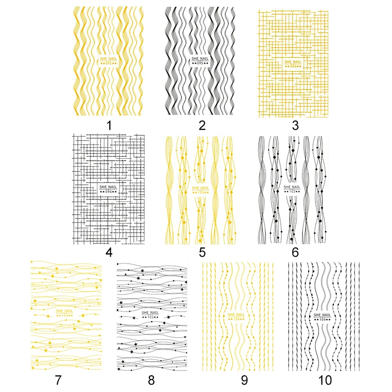 3D наклейки для ногтей золотистые черные полоски смешанный размер самоклеящиеся