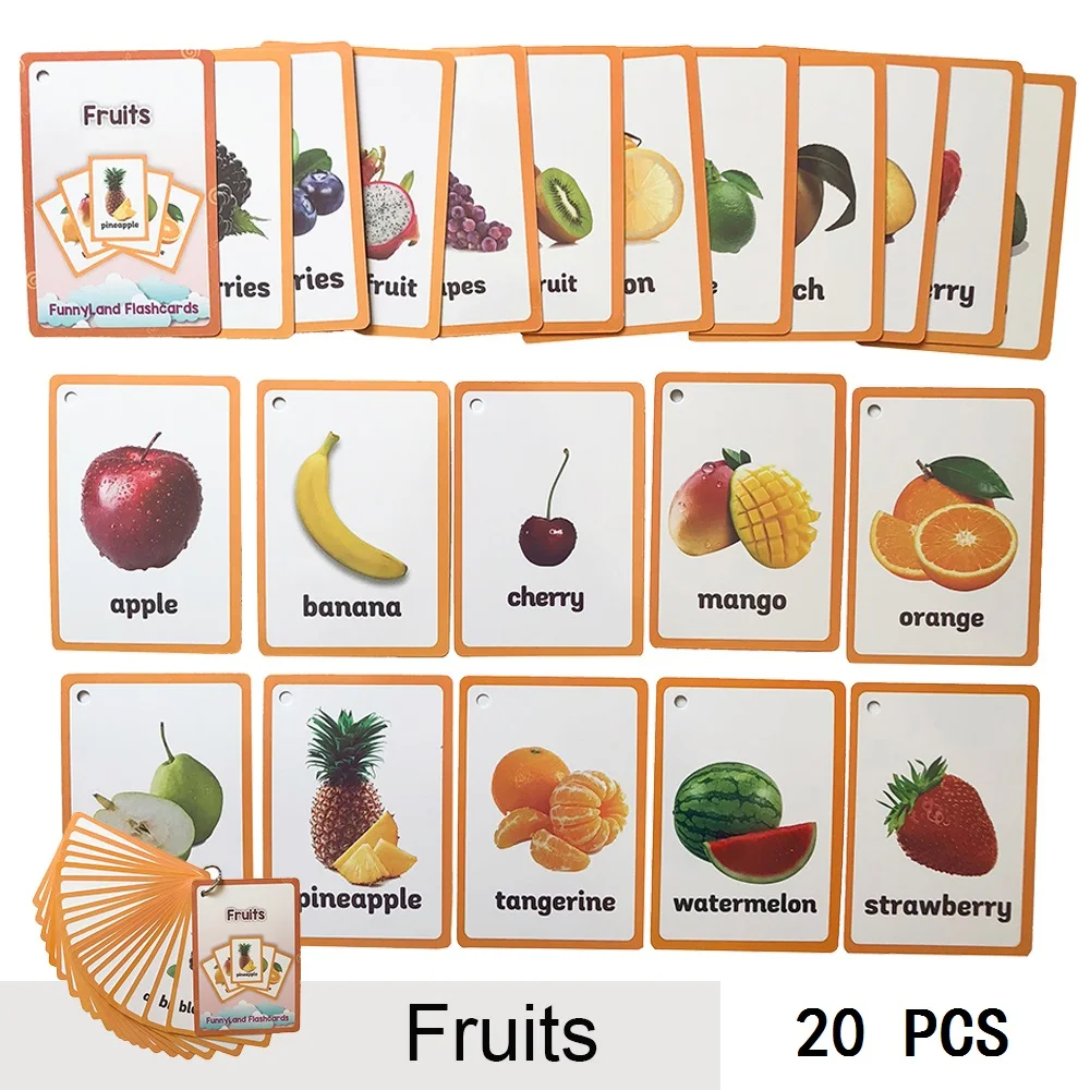 

20 Pcs/Set Fruits Vegetable Kids Fun English Word Pocket Flash Card Children Learning Card Early Educational Toys