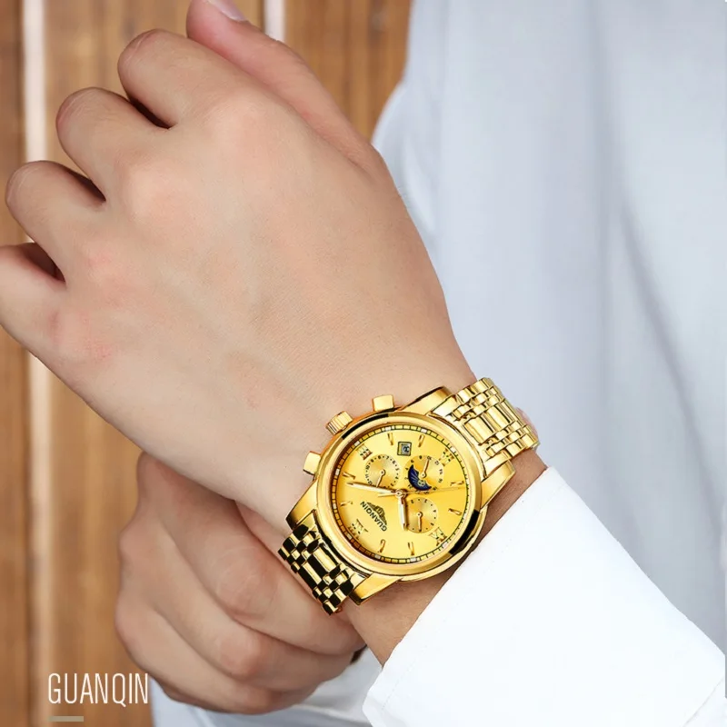 Часы наручные GUANQIN мужские золотистые брендовые Роскошные светящиеся с Лунной