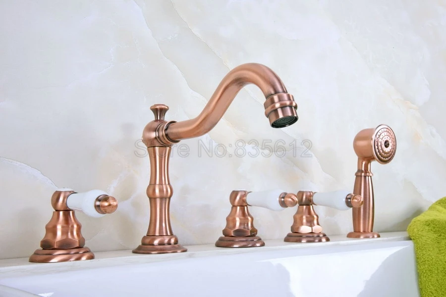Antique Red Copper Roman Bathtub Mixer Faucet Set with Handheld Shower Deck Mounted 5 Holes Hot and Cold Taps ttf226
Antique Red Copper Roman Bathtub Mixer Faucet Set with Handheld Shower Deck Mounted 5 Holes Hot and Cold Taps ttf226