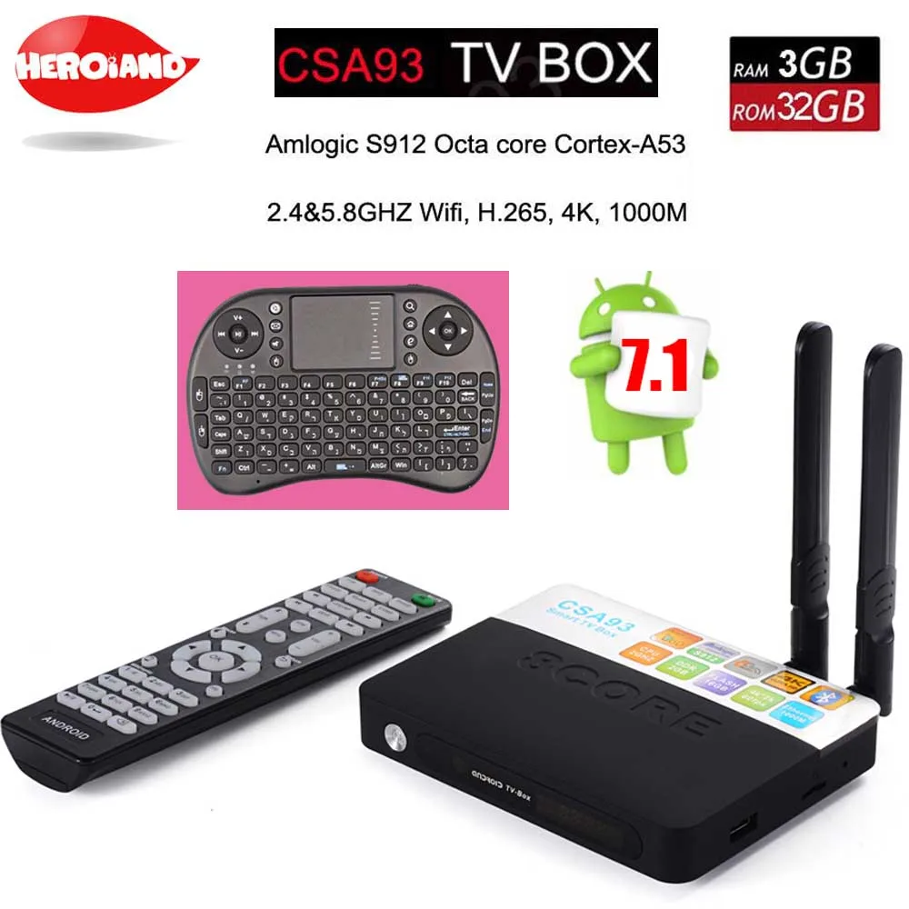 3 ГБ 32 Android 7 1 smart ТВ коробка CSA93 Amlogic S912 Octa Core Wi Fi BT4.0 4 К 1000 м LAN потоковое Смарт Media Player
