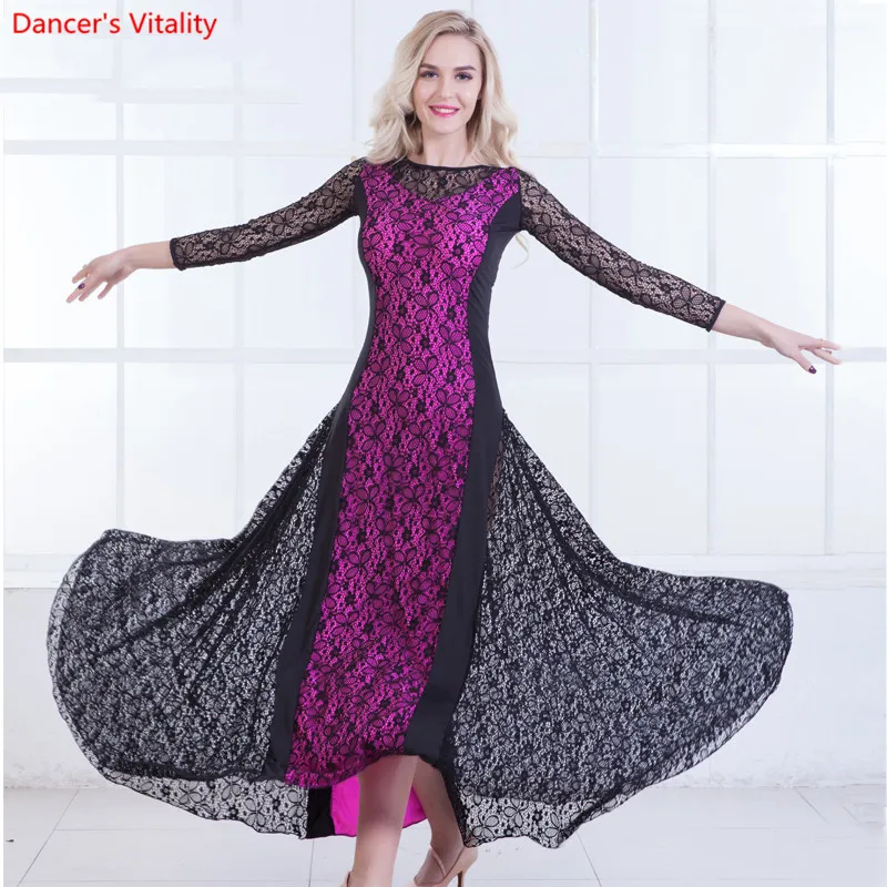 2018 New Women Modern Waltz Tango Smooth Lace Standard Dance Salon Long Sleeve Dress Clothing | Тематическая одежда и