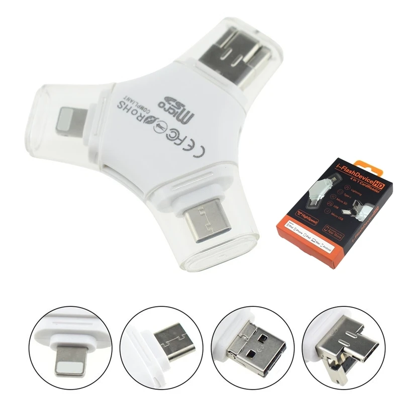 4 в 1 TF/MicroSD Card Reader OTG картридер Micro Тип usb C для iPhone X 5 6 7 8 iPad Macbook телефона