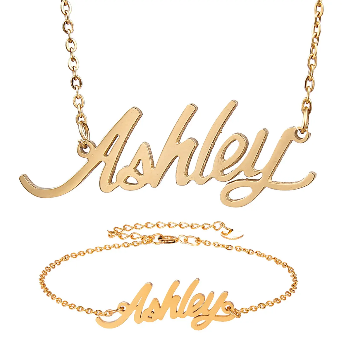 Fashion Stainless Steel Name Necklace + Bracelet Set " Ashley " Script Letter Gold Choker Chain Necklace Pendant Nameplate Gift
Fashion Stainless Steel Name Necklace + Bracelet Set " Ashley " Script Letter Gold Choker Chain Necklace Pendant Nameplate Gift