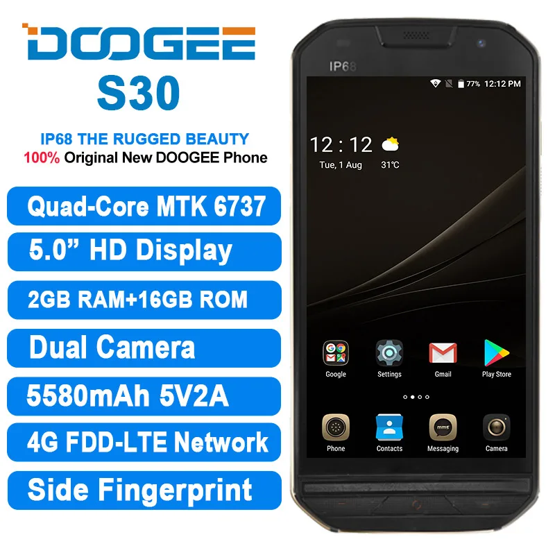 DOOGEE S30 IP68 Водонепроницаемая Двойная камера с боковым отпечатком пальца 5580 мАч 5 В/2