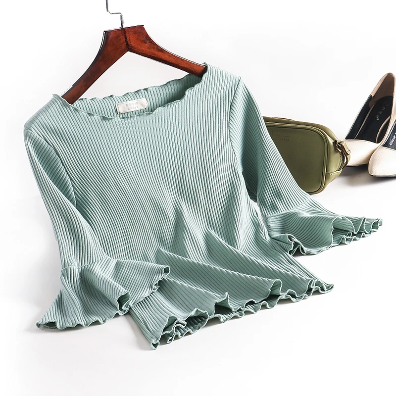 New Spring Summer Fashion Sweet Ruffles Knitted T-Shirts Three Quarter Flare Sleeve T Shirts Elegant Cotton Short T-Shirt Mw092
New Spring Summer Fashion Sweet Ruffles Knitted T-Shirts Three Quarter Flare Sleeve T Shirts Elegant Cotton Short T-Shirt Mw092