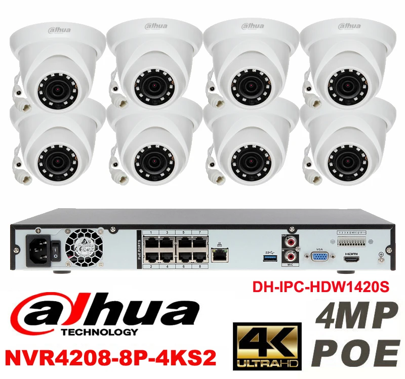 

Dahua original 8CH 4MP H2.64 DH-IPC-HDW1420S 8pcs CCTV Network camera POE DAHUA DHI-NVR4208-8P-4KS2 Dome IP security camera kit