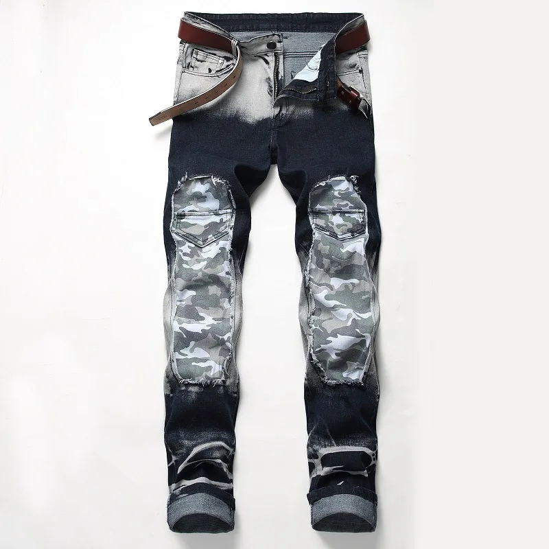 Новые модные рваные джинсы для мужчин подходящие цвета камуфляжные Заплатки с
