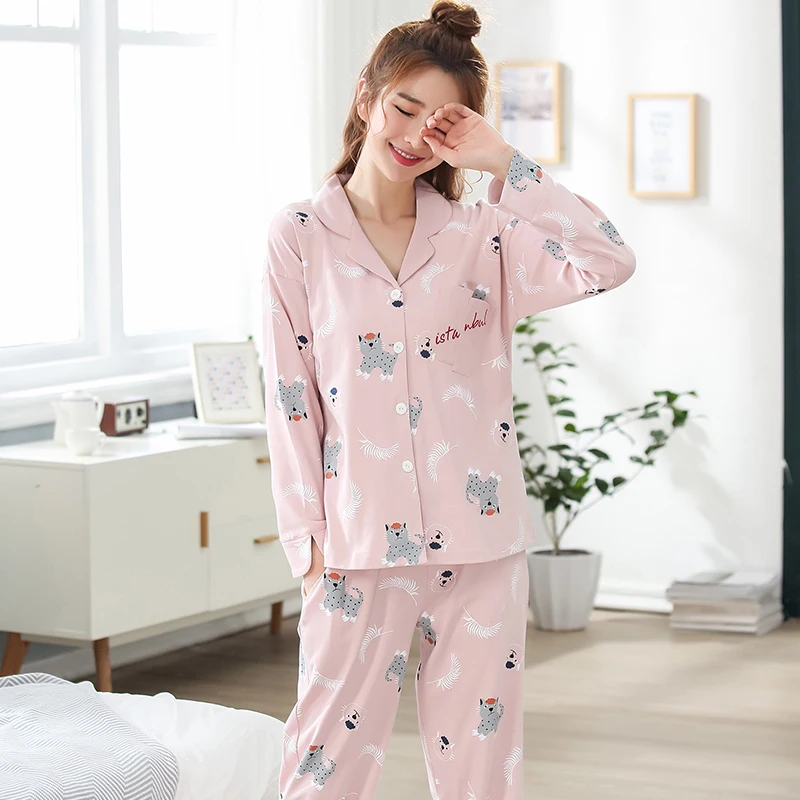 Pajamas For Women Long Sleeve Cute Cartoon Cat Sleepwear Turn-down Collar Pajamas Sets Pijama Mujer Pyjamas Femme Two Piece Set
Pajamas For Women Long Sleeve Cute Cartoon Cat Sleepwear Turn-down Collar Pajamas Sets Pijama Mujer Pyjamas Femme Two Piece Set