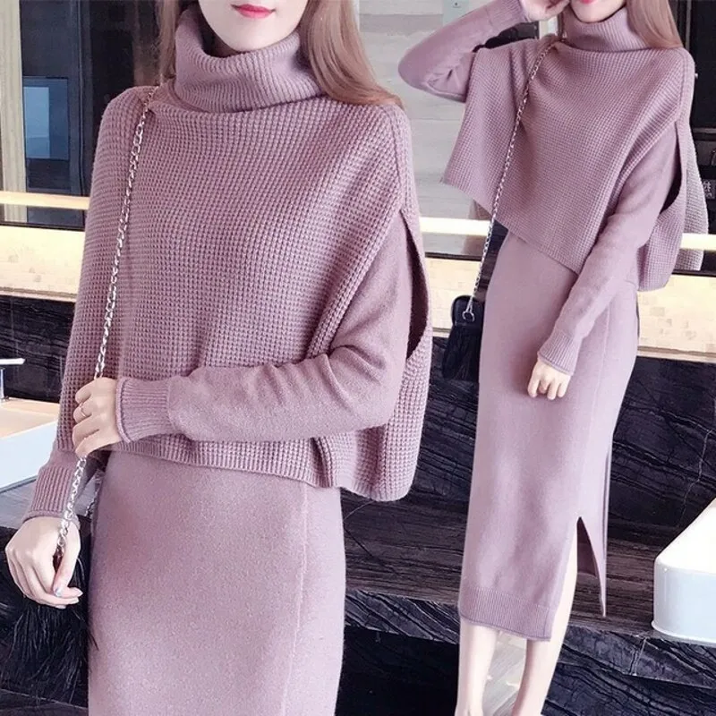 2020 New Autumn Winter Lady Sets Fashion Solid Turtleneck Top Sweater Mid Calf Long Dress 2 Piece Set Ladies Casual Knitted Suit | Женская