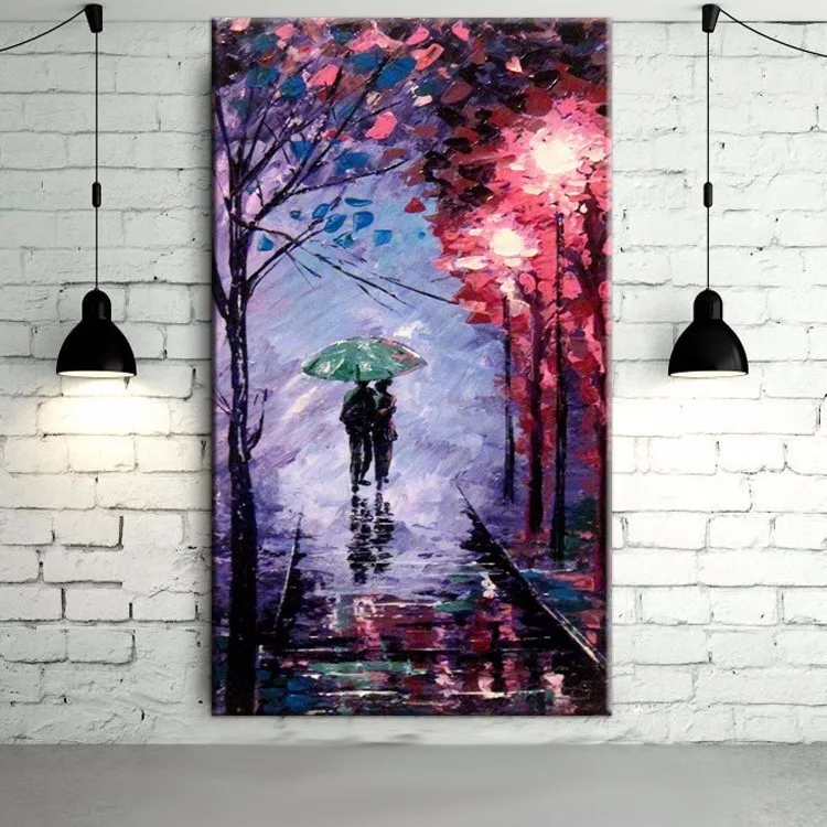 

Abstract Wall Art Handmade Romantic Colors Purple Background Oil Painting On Canvas Lover Under Umbrella Walking On The Road