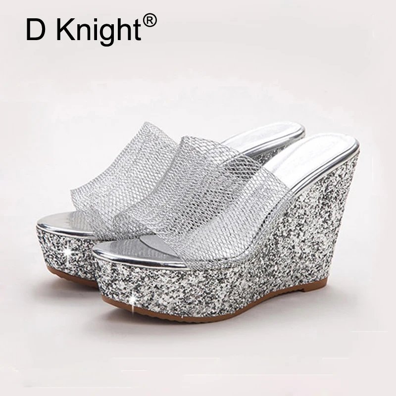 Стильный очень высокий каблук летние туфли танкетки женщина Bling из сетчатого