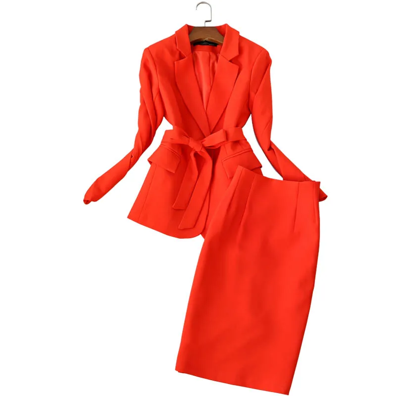 

High-quality new red women's fashion suit temperament was thin long-sleeved lacing suit + bag hip mini skirt two-piece TB190427