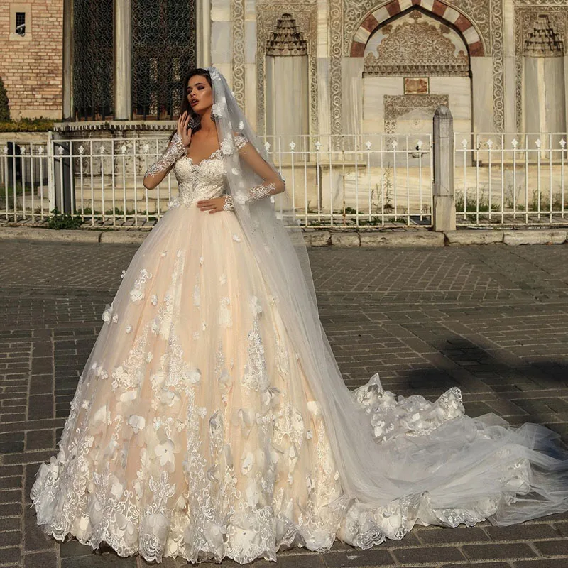 Великолепные Свадебные платья цвета шампань 2018 с белыми 3D цветами Illusion Sher