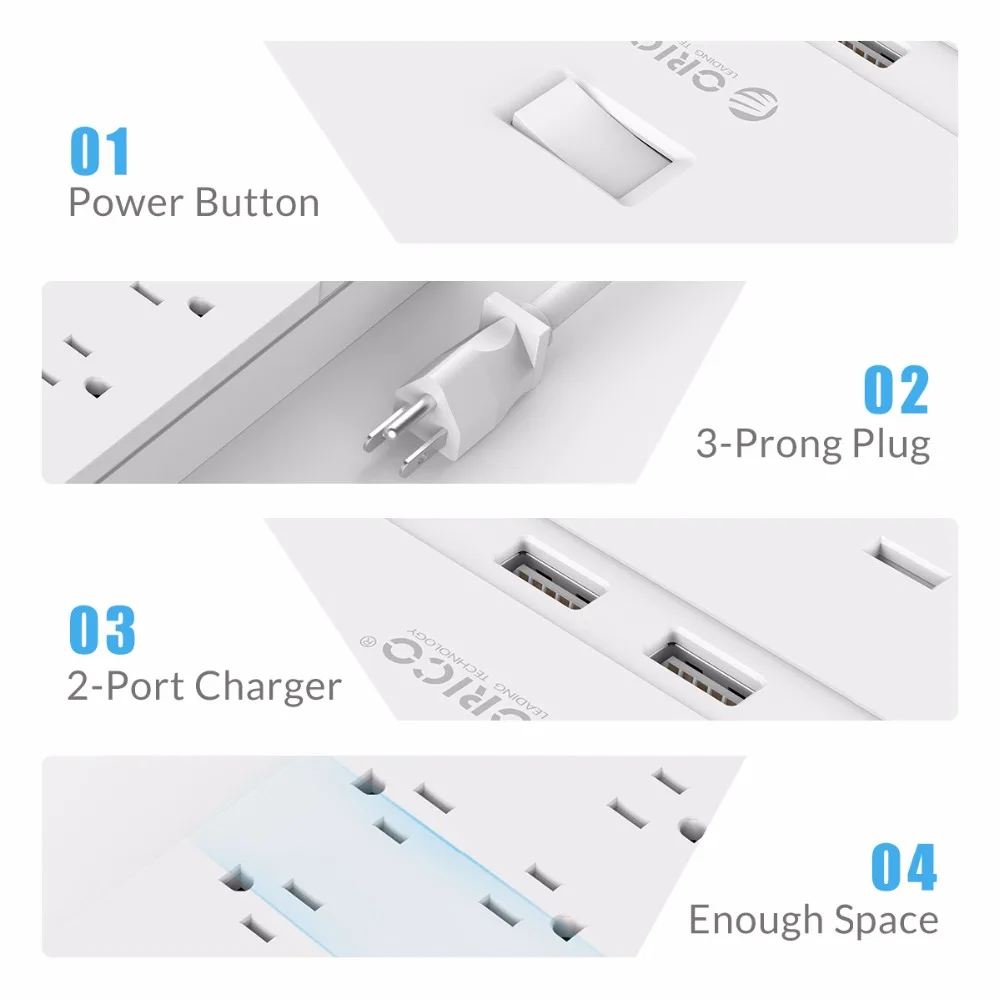 ORICO FPC USB лента питания защита розетки от скачков напряжения 6/8/10 AC 2 порта для