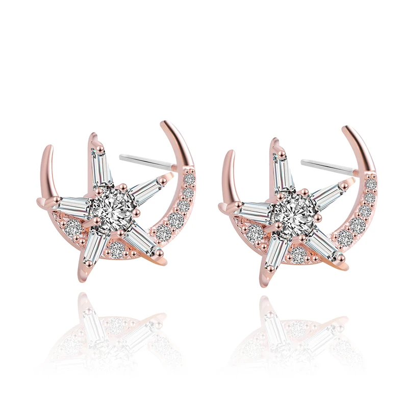 A pair Of Delicate Rose Gold Stars Moon Stud Earring Copper Zircon High Quality Jewelry Bride Bridesmaid Party Earrings
A pair Of Delicate Rose Gold Stars Moon Stud Earring Copper Zircon High Quality Jewelry Bride Bridesmaid Party Earrings