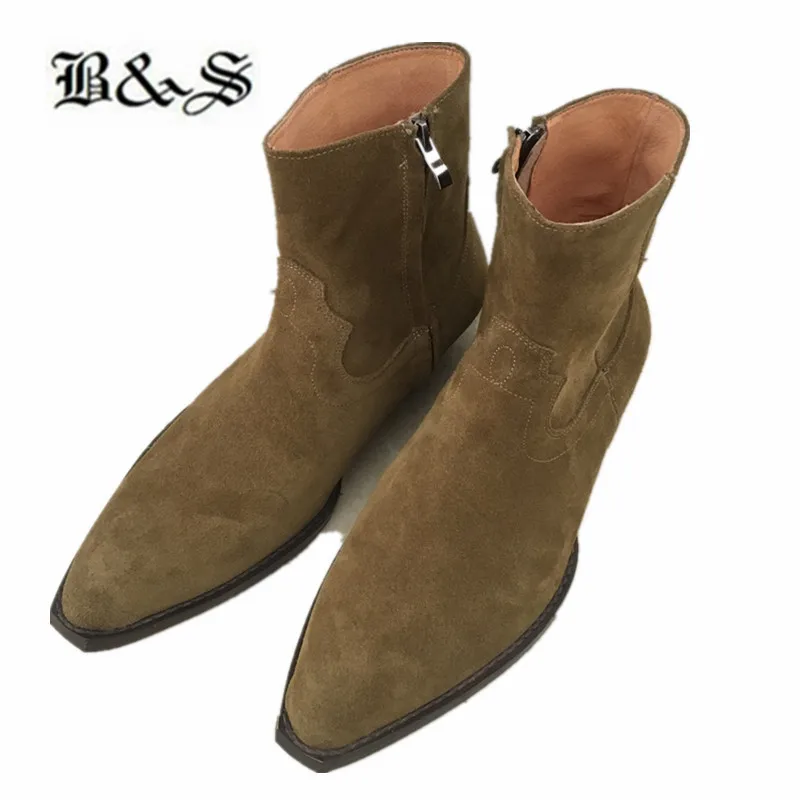 

Black& Street exclusive wedge Composite bottom pointed toe stage luxury handmade boots slim fit denim suede ankle botas