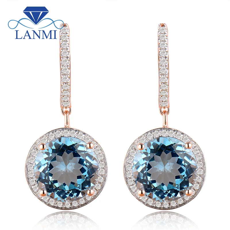 

LANMI Vintage Drop Earrings Solid 14Kt Rose Real Gold Diamond Topaz Earring With Blue Natural Gemstone Jewelry For Women