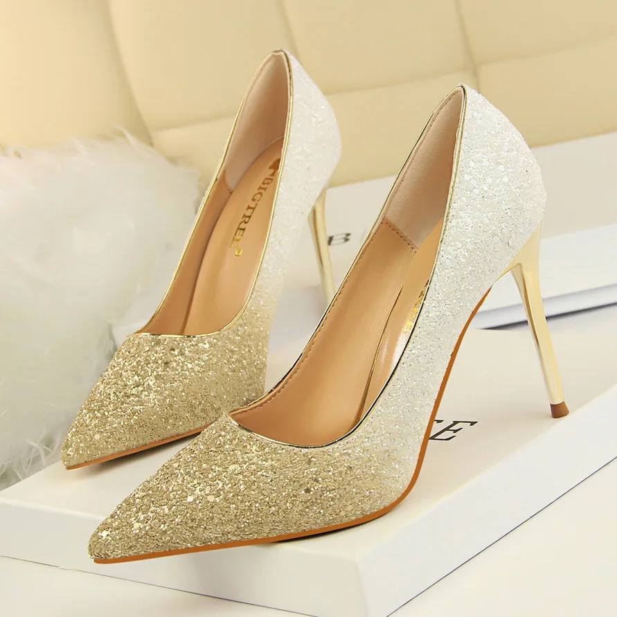 Туфли лодочки BIGTREE женские высокий каблук пикантные свадебные туфли с золотым