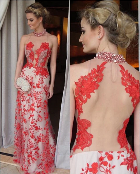 cheap halter champagne and red lace mermaid open back prom dresses gowns long high slit hottest formal | Свадьбы и торжества