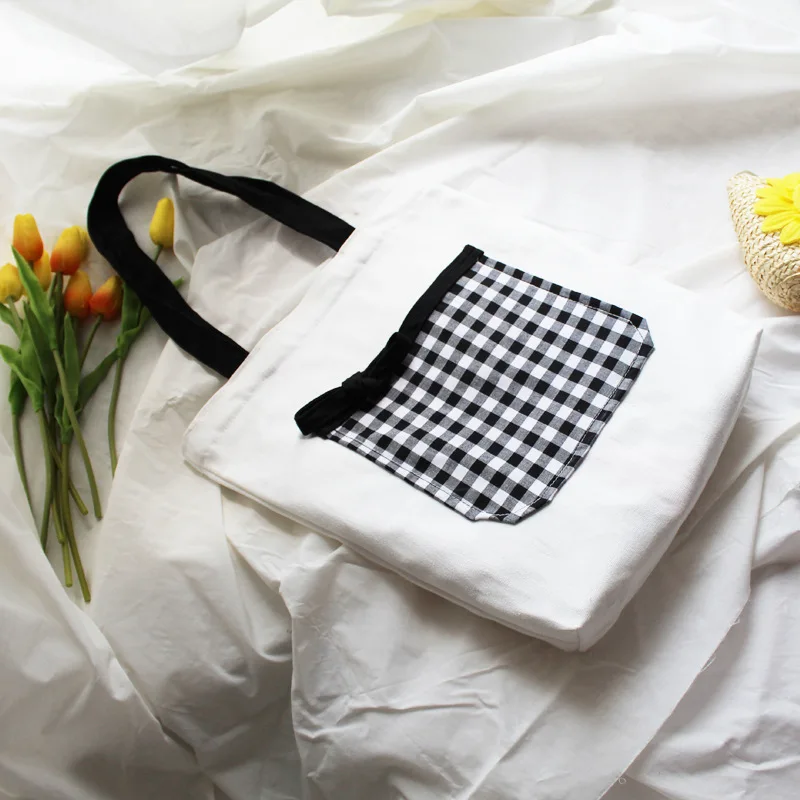 Cotton Canvas Eco Shopping Tote Check Outside Pocket Black Handle Bowknot CY G005
Cotton Canvas Eco Shopping Tote Check Outside Pocket Black Handle Bowknot CY G005