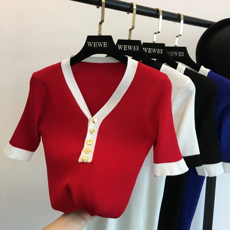 Fashion Women Knit Tops V-neck Slim Casual Thin Short Sleeved T Shirt
