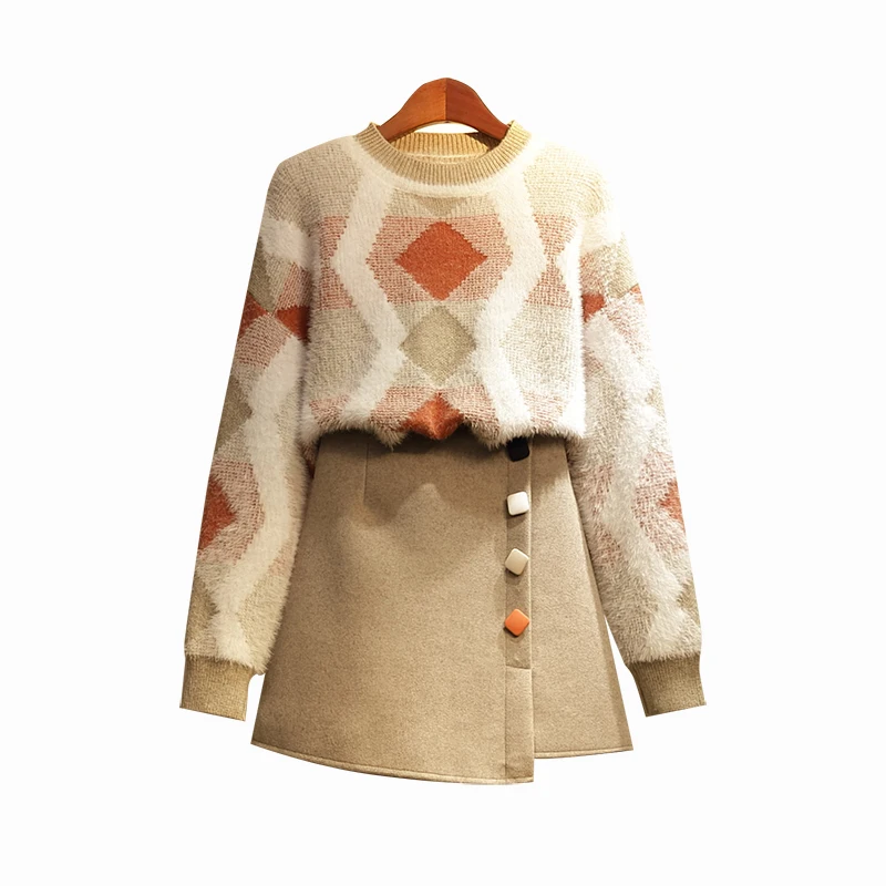 Autumn and winter plus size women's new fashion rhombic knit sweater + mini skirt set body slimming two-piece suit TB190223
Autumn and winter plus size women's new fashion rhombic knit sweater + mini skirt set body slimming two-piece suit TB190223