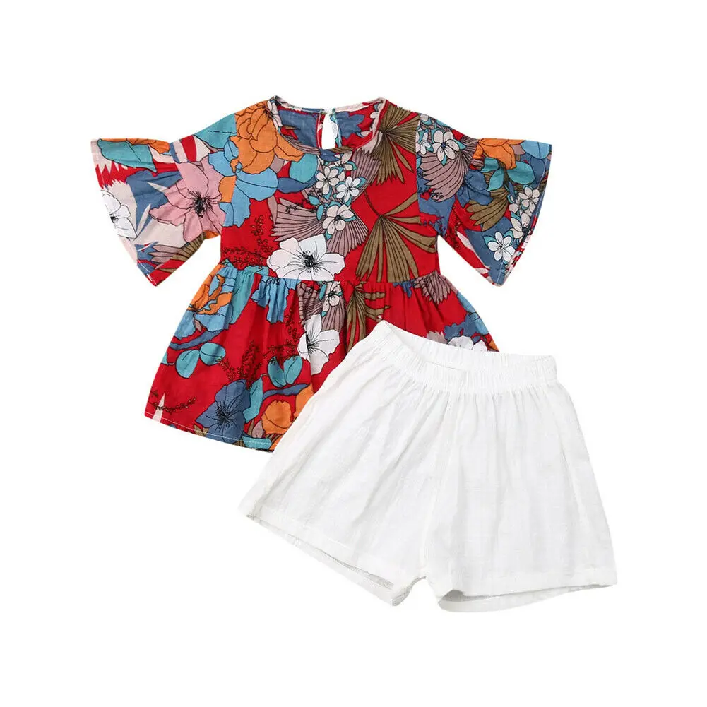 Комплекты стильной одежды с цветочным принтом для маленьких девочек рубашка топ