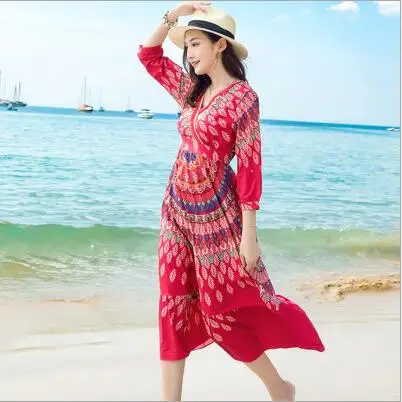 Spring Summer New Print Bohemia Thailand Style dress Women Boho Slim Longuette summer beach Vintage Mature laddy dress
Spring Summer New Print Bohemia Thailand Style dress Women Boho Slim Longuette summer beach Vintage Mature laddy dress
