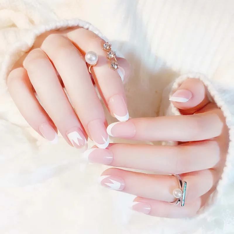 Женские Простые французские короткие накладные ногти с клеем для девочек