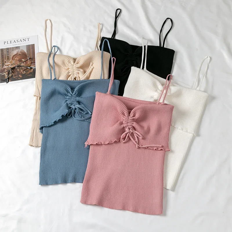 Crop Tops Women Summer Korean Style Drawstring Short Knitted Vest Suspender White Pink Black Cami Top Vetement Femme Ete 2019
Crop Tops Women Summer Korean Style Drawstring Short Knitted Vest Suspender White Pink Black Cami Top Vetement Femme Ete 2019