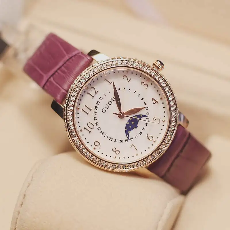 HK GUOU Brand Genuine Leather Band Gift Watch Luxury high-Grade Luxury Diamonds Lady Gfit Quartz Wrist watches