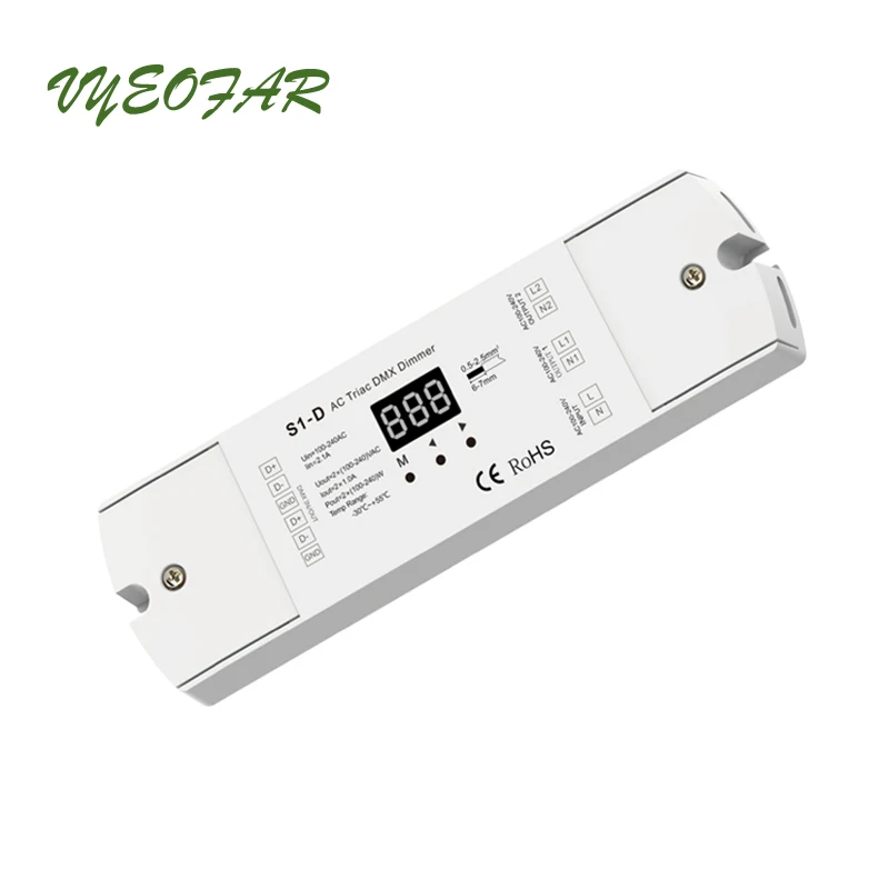 

New Led Triac DMX Dimmer AC 100V-240V Input Voltage 2 X 1.2A Output 2 Channel DMX512 Leading Edge Triac Dim Switch S1-D