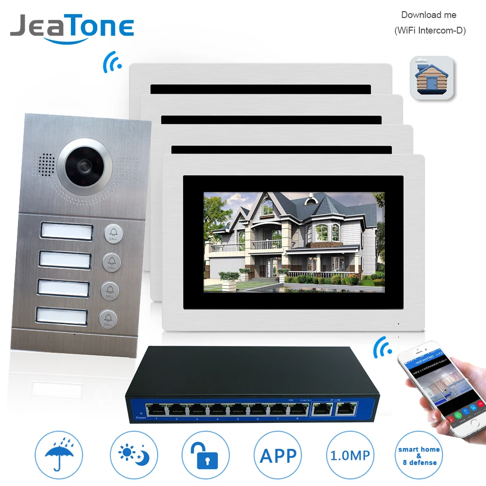 

WIFI IP Video Door Phone Intercom System Video Doorbell 7'' Touch Screen for 4 Floors Apartment/8 Zone Alarm with POE Switch