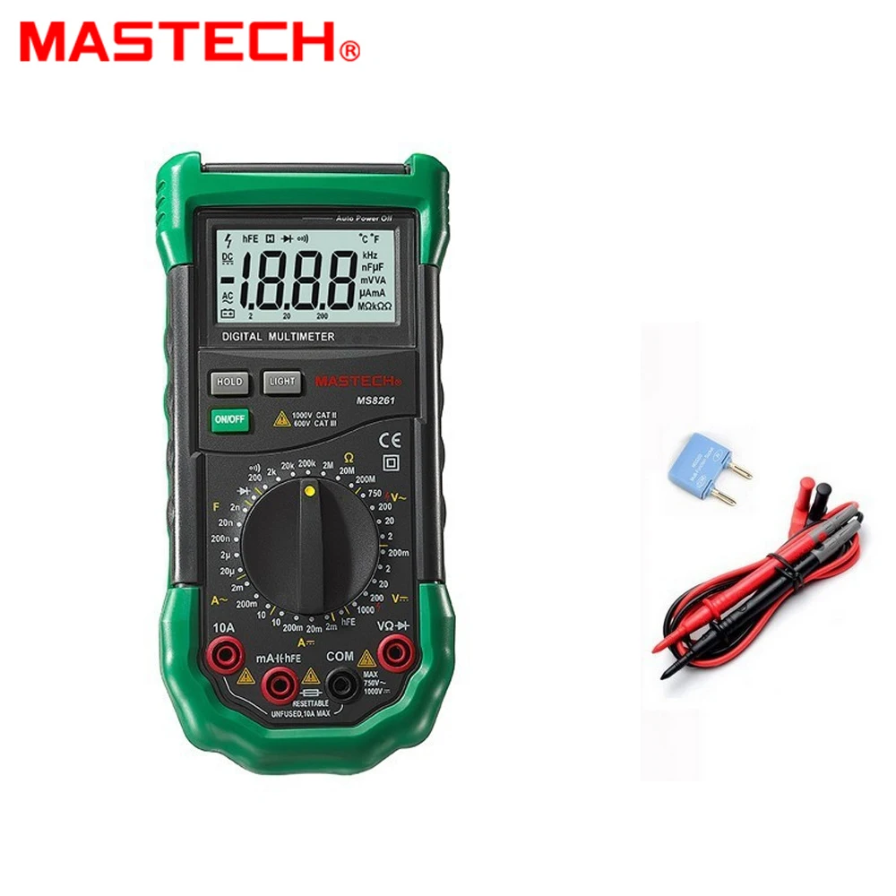 MasTECH MS8261 Digital Multimeter 3 1/2 AC DC V/ACapacitance Resistance Transistor Tester Meter backlight
MasTECH MS8261 Digital Multimeter 3 1/2 AC DC V/ACapacitance Resistance Transistor Tester Meter backlight