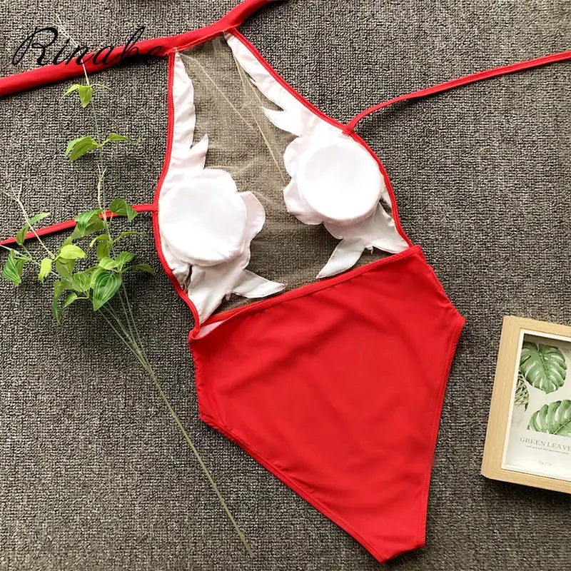 Rinabe Sexy Transparent One Piece Swimsuit Female Flower Swimwear Mesh Bathing Suit Women High Waist Halter Bikini 2019 String | Спорт и