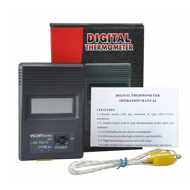 DM-6902 Vici -50~750 Celsius Digital K-type Thermocouple Thermometer LCD Temperature Meter Sensor + Thermocouple Probe Detector
DM-6902 Vici -50~750 Celsius Digital K-type Thermocouple Thermometer LCD Temperature Meter Sensor + Thermocouple Probe Detector