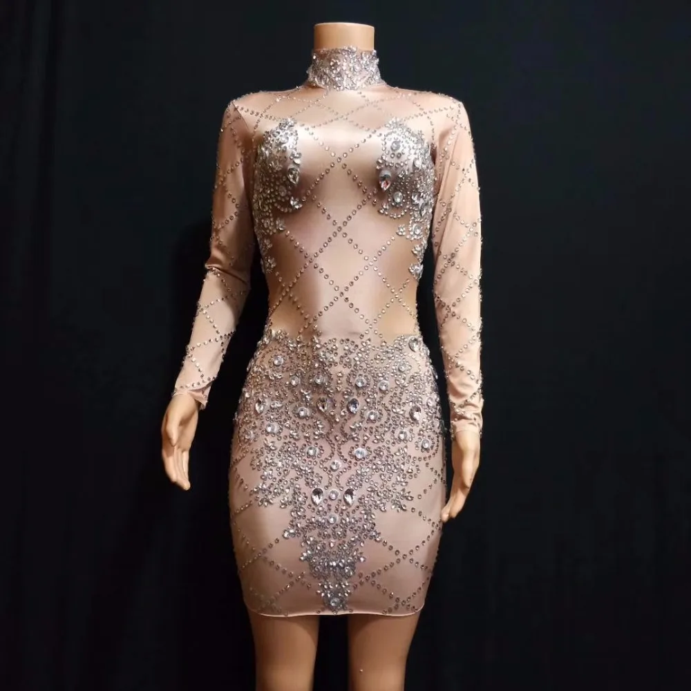 Sparkly Crystals Short Dress Women's sexy Evening Party Costume Stage Wear Women Silver Rhinestones Nude Color Celebrate Dresses
Sparkly Crystals Short Dress Women's sexy Evening Party Costume Stage Wear Women Silver Rhinestones Nude Color Celebrate Dresses