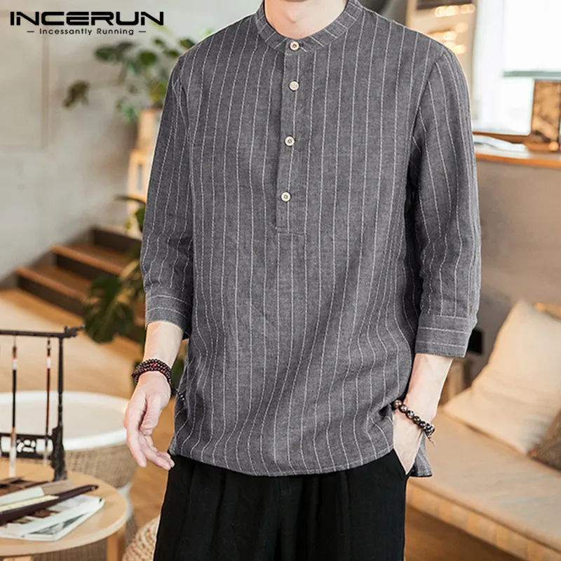 INCERUN New Striped Casual Shirt Men 3/4 Sleeve Stand Collar Vintage Button Tops Harajuku Men Brand Shirt Camisa Masculina 2021
INCERUN New Striped Casual Shirt Men 3/4 Sleeve Stand Collar Vintage Button Tops Harajuku Men Brand Shirt Camisa Masculina 2021