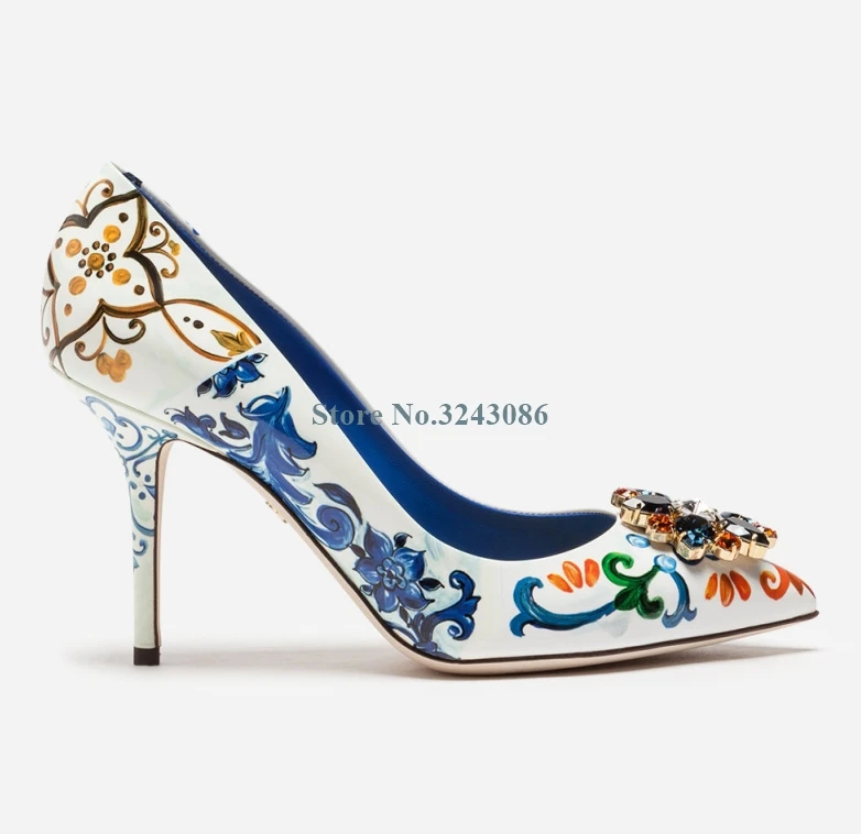 White Pink Blue Printing Pointed Toe Thin High Heel Pumps Crystal Flower Decorative Stiletto Heel Banquet Shoes Spring Summer
White Pink Blue Printing Pointed Toe Thin High Heel Pumps Crystal Flower Decorative Stiletto Heel Banquet Shoes Spring Summer