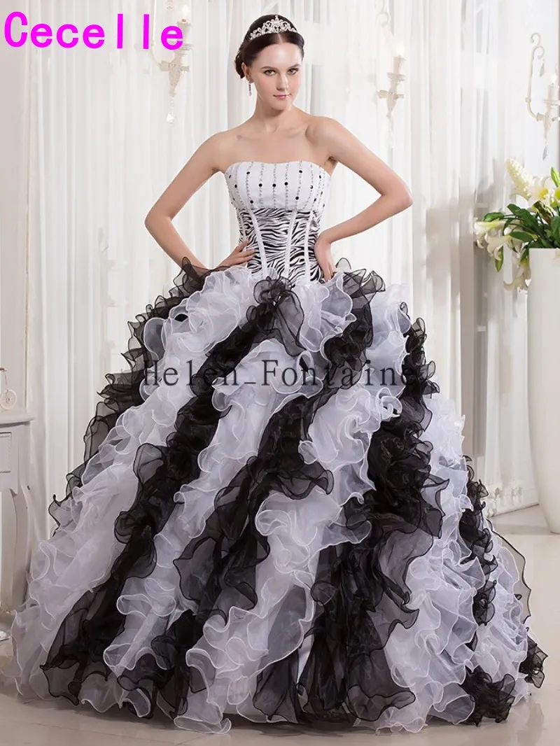 Черно белое бальное платье платья для Quinceanera милое с бисером и принтом зебры