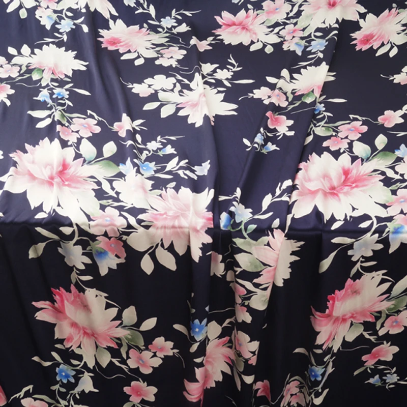 140CM Wide 19MM Pink Floral Print 90% Silk 10% Lycra Stretch Dark Blue Silk Satin Fabric for Dress Cheongsam Pant Shirt H445
140CM Wide 19MM Pink Floral Print 90% Silk 10% Lycra Stretch Dark Blue Silk Satin Fabric for Dress Cheongsam Pant Shirt H445