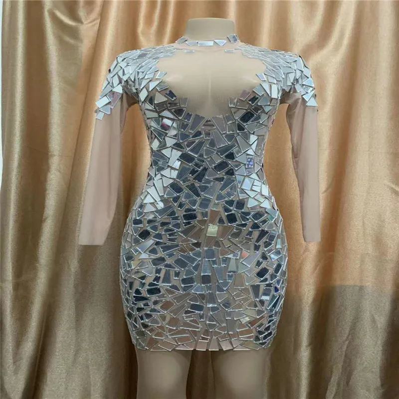 

Y38 Female sexy silver mirror dress sparkly Perspective nude skirt ballroom dance costumes catwalk show outfits singer clothe ds