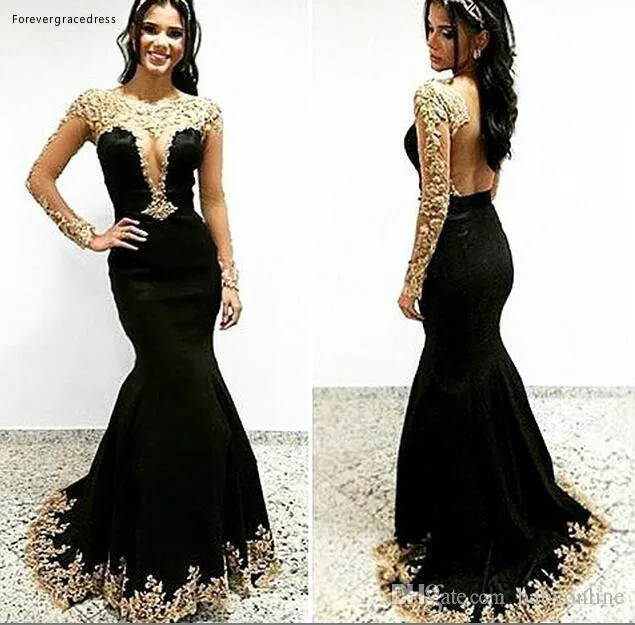 

2019 Cheap Prom Dress Mermaid Gold Appliques Long Sleeves Formal Pageant Holidays Wear Graduation Evening Party Gown Custom Made