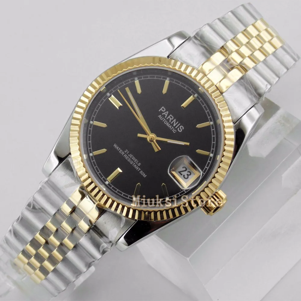 

Parnis 36mm sapphire glass black dial luminous marks 21 jewelry Miyota movement automatic luxury dating Watch