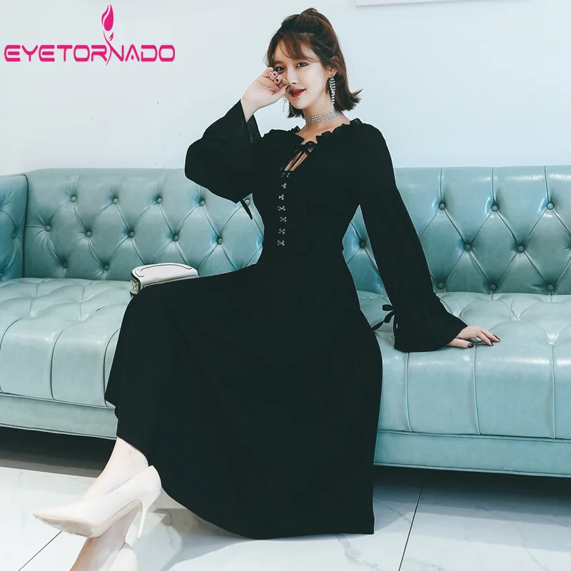 Women Summer Dress Flare Sleeve Gothic Metal Button Decoration Casual Office Vintage Midi Dress Black Plus Size L-5XL
Women Summer Dress Flare Sleeve Gothic Metal Button Decoration Casual Office Vintage Midi Dress Black Plus Size L-5XL